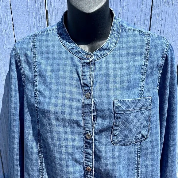 J Jill Blue Denim Check Dress Womens M Plaid Long Sleeve Button Up Distress Boho - Picture 2 of 13